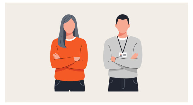 Two faceless characters with crossed arms wearing orange and grey clothing including a name badge displayed against a neutral beige background.