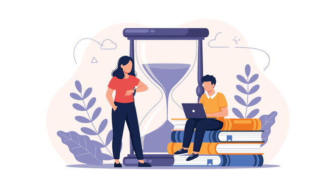 Young man works on laptop sitting on a pile of books while a woman checks her watch in front of a giant hourglass for deadlines.