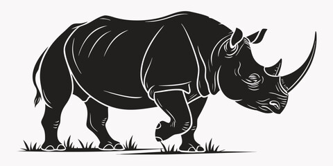 Graphic illustration of a rhinoceros walking in the grass with rhinoceros wildlife silhouette illustration creature endangered strength isolated minimalist stylized artistic monochrome © Ruhi
