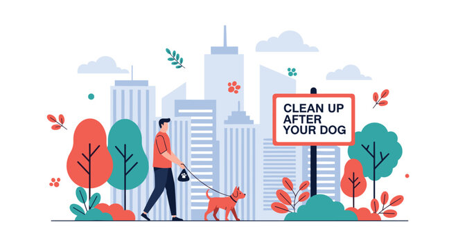 Young man walks his dog on a leash past a sign that reminds pet owners to clean up after their animals in a modern urban park setting.