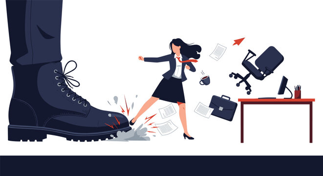 Professional woman kicks back against a giant boot that is trampling her office desk to resist workplace bullying and discrimination.