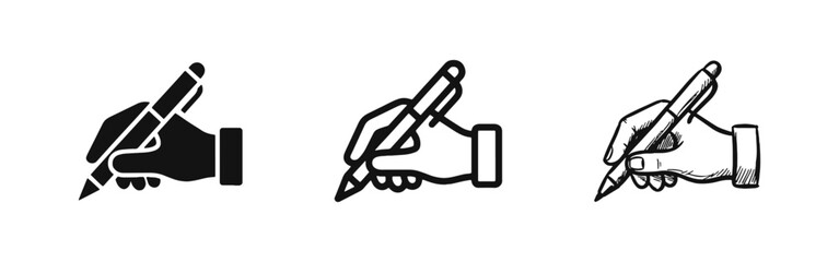 Obraz premium Hand Writing with Pen Signature Icon Set in Three Different Styles Solid Outline and Hand Drawn
