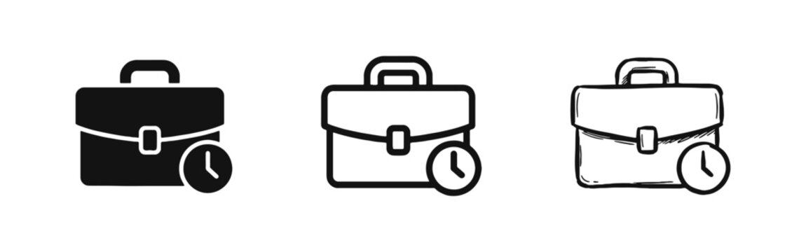 Business Briefcase with Clock Icon Set - Solid Outline and Hand Drawn Styles
