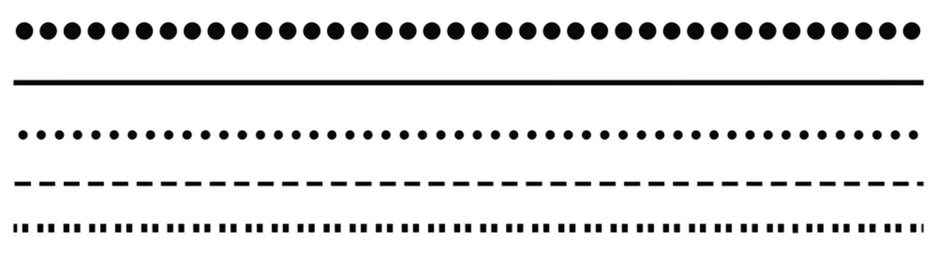Various black dotted and dashed lines on a white background vector illustration, modern minimalist separator and path indicator set for web design, navigation guides and creative layout structuring 