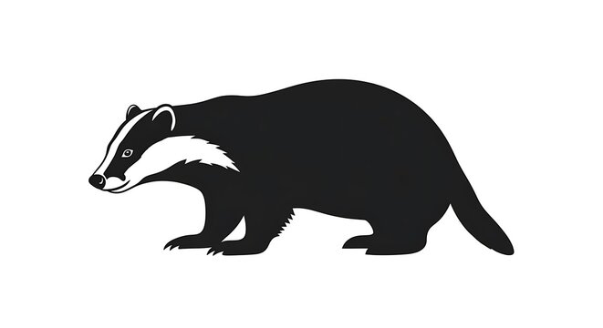 Striped badger silhouette walking profile view wild animal mascot icon design element flat art.