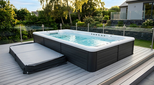 Luxury Swim Spa on Modern Composite Deck | Backyard Relaxation and Wellness Oasis | Modern Garden Design with Glass Railing and Lush Landscaping | Home Spa Installation for Hydrotherapy
