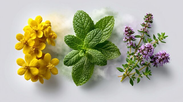 Yellow flowers, fresh mint leaves, and purple thyme sprigs arranged artistically on a light gray background showcasing vibrant colors and natural textures