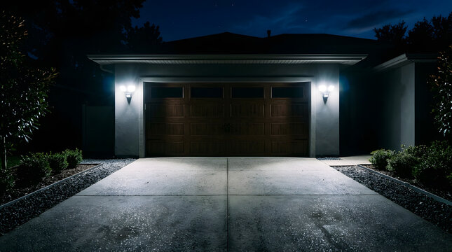 Modern Garage Door with Bright Motion Sensor LED Lighting at Night | Illuminated Concrete Driveway of Contemporary Suburban House | Home Security Safety Concept with Outdoor Floodlights | Residential 