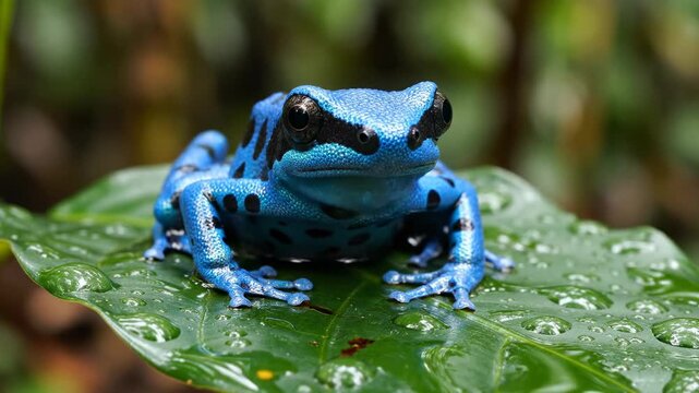 This video features a close-up shot of a bright blue frog perched on a green leaf, showcasing its vibrant color and detailed texture in a serene natural setting.