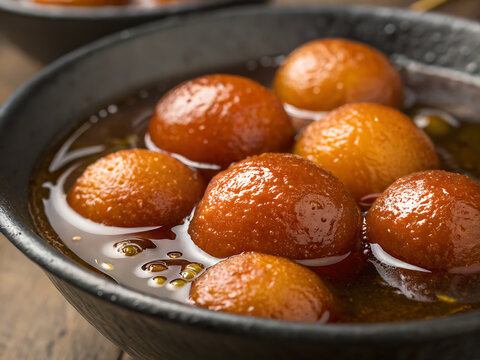 Gulab jamun in sugar syrup, glossy surface, macro lens