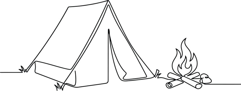 Continuous line drawing of camping shelter and campfire