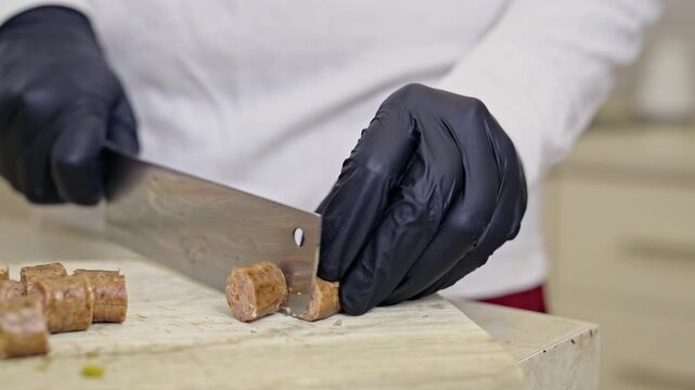 Expert hands, protected by black gloves, are seen using a sharp cleaver to slice a cooked sausage link on a rustic wooden cutting board.