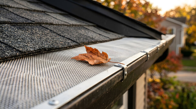Gutter Guard Protection System with Micro Mesh Screen on House Roof | Preventing Clogged Gutters from Autumn Leaves and Debris | Residential Home Maintenance and Roofing Exterior Improvement Detail | 