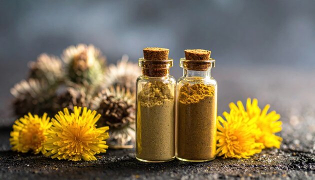 Glass vials filled with dried and ground burdock and dandelion root powder surrounded by vibrant yellow flowers and textured plant heads on a natural rustic surface.