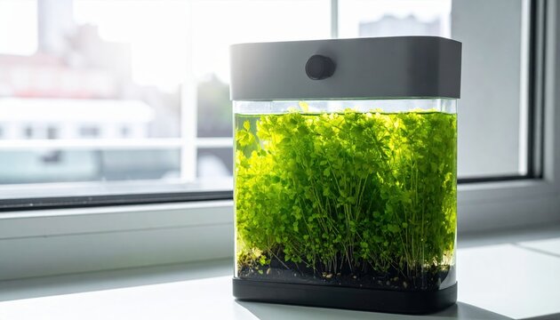 Vibrant duckweed clusters thriving in a modern compact indoor aquaculture system positioned by a bright window to demonstrate home sustainability.
