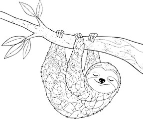 Obraz premium Mandala Sloth Coloring Page Illustration Hanging on Tree Branch