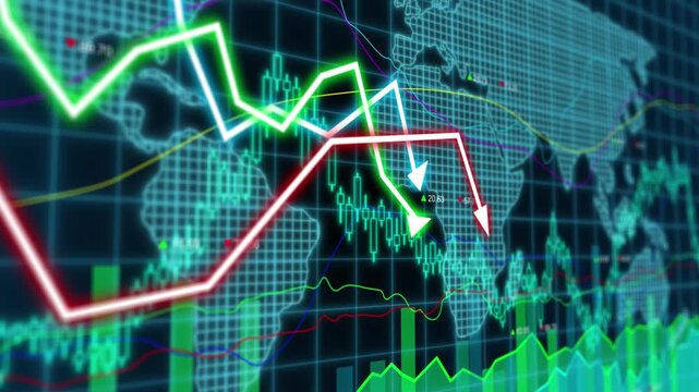 Business chart with glowing arrows trending downwards over world map showing global financial decline, economic recession, market crisis, and international investment loss