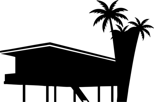 Silhouette of a mid-century modern house with palm trees