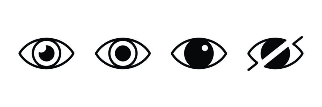 Eye visibility and privacy icon vector set featuring visible and hidden eye symbols in flat monochrome style for security and UI design