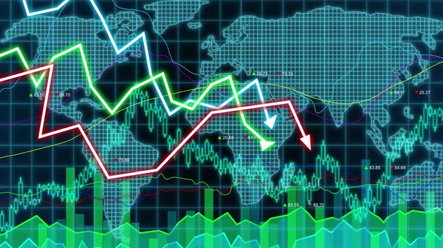 Business chart with glowing arrows trending downwards over world map showing global financial decline, economic recession, market crisis, and international investment loss