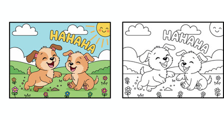 Fototapeta premium Adorable Cartoon Puppies Laughing and Playing in a Sunny Meadow with Flowers