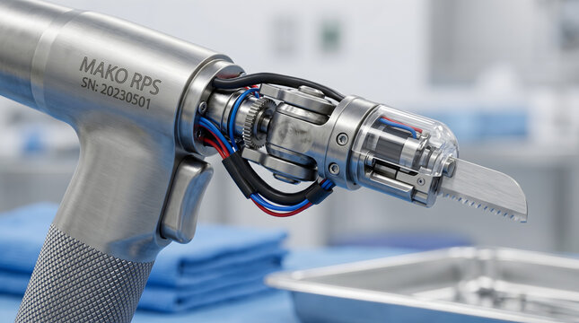 Handheld Robotic Saw: A macro shot of the "Mako RPS" handheld robotic surgical tool, showing intricate metal textures and medical-grade precision. Shot on f/8 for sharp detail.