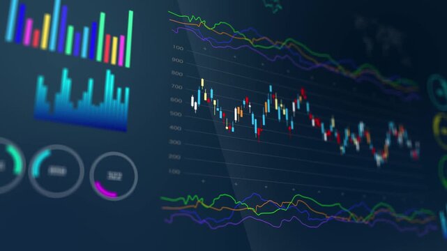 Stock exchange prices summarized dashboard data in candlestick chart showing financial statistics, market trading data, investment analysis, economic trend, and price movement