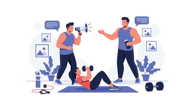 Two personal trainers motivate a young woman doing core exercises with dumbbells in a modern fitness gym setting.