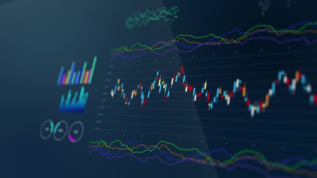 Stock exchange prices summarized dashboard data in candlestick chart showing financial statistics, market trading data, investment analysis, economic trend, and price movement