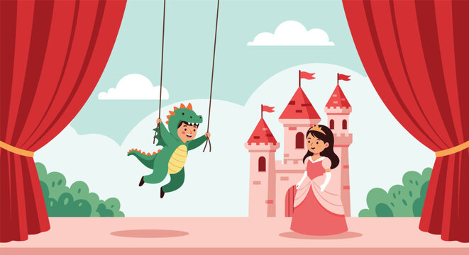 Children perform a fairy tale play on a theater stage featuring a boy in a dragon costume and a girl as a princess.
