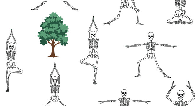 Educational illustration shows human skeletons performing various yoga poses and stretches in a garden setting with a tree.