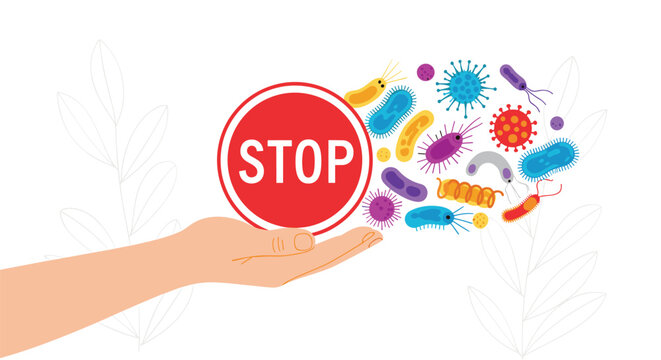 Protective hand holds a red stop sign to block and prevent the spread of various harmful viruses and bacteria.