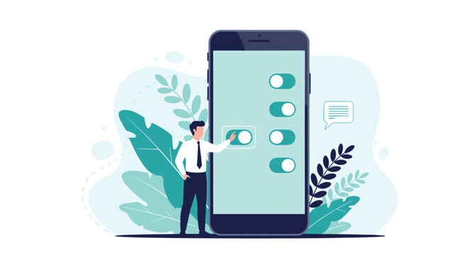 Businessman manages digital settings and preferences by interacting with giant toggle switches on a large smartphone.