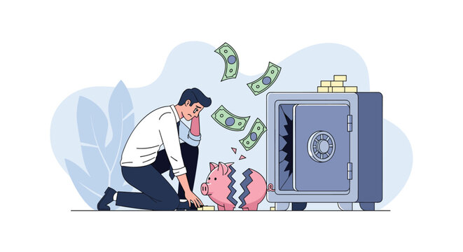 Distraught man kneels beside a broken piggy bank and an empty safe as money flies away after financial loss or bankruptcy.