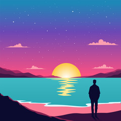 Fototapeta premium Simple Illustration of a Man Standing Looking at the Sunset