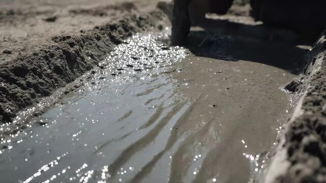 Close-up of a trowel spreading wet cement into a rectangular form on a construction site, with water surface visible and part of the worker's hand