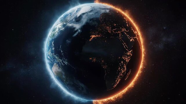 A dramatic image of Earth engulfed in a fiery glow on one side, contrasting with its cooler, shadowed hemisphere, set against a deep space backdrop