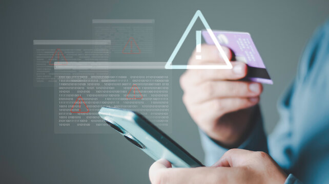 Cyber attack alerts, data breach risk, fraud detection and secure transaction protection in digital banking and e commerce system. Online payment security warning concept, smartphone and credit card