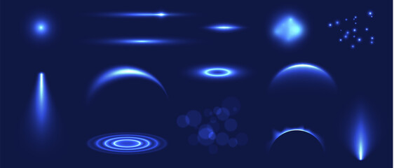 Fototapeta premium Glow isolated blue background light effect set, transparent lens flare, explosion, glitter, line, sun, sparks star. Abstract special effect element design. Shine ray with lightning, sparkling round