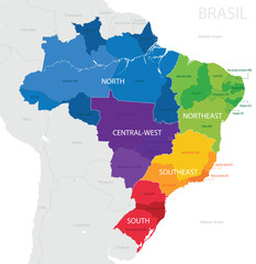 Detailed map of Brazil with administrative divisions into states and regions
