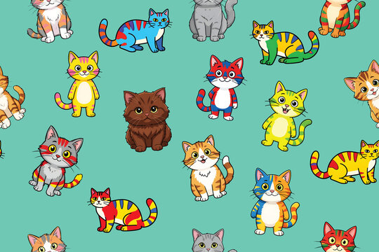 Cute pattern of colorful, clumsy cats illustration