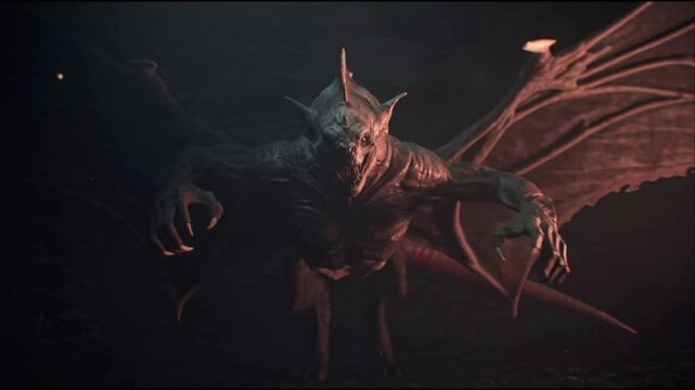 A dark and menacing creature with large wings and sharp claws in a dimly lit environment, evoking fear and mystery