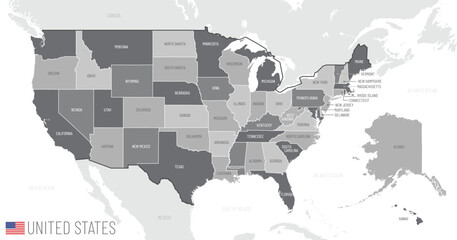 Detailed map of the United States of America with states and borders of other North American countries, vector illustration