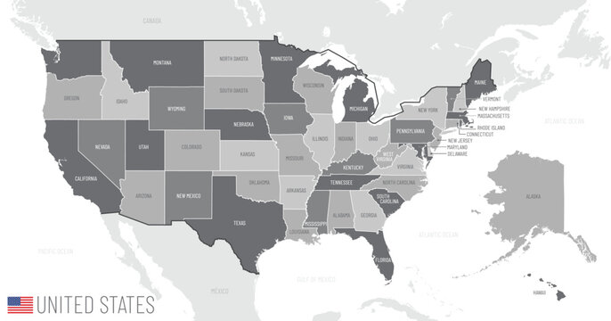 Detailed map of the United States of America with states and borders of other North American countries, vector illustration