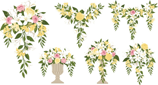 Wedding Floral Bouquet Vector Set with Pink Roses Yellow Honeysuckle White Flowers and Elegant Vase