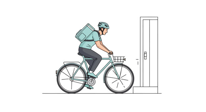 Active person riding a bicycle with a large teal delivery backpack towards an elevator door to transport goods and parcels within an urban delivery service environment