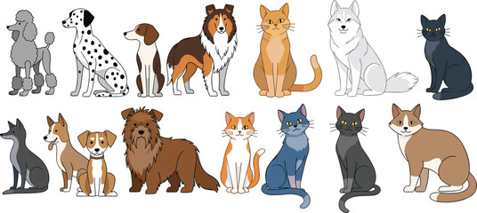 Cute Cartoon Dog and Cat Breed Collection with Poodle, Dalmatian, Collie, Husky, and Various Cats for Pet and Animal Themed Designs © Nasrin
