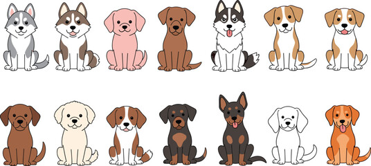 Cute Cartoon Puppy Dog Breed Set with Husky, Labrador, Doberman, Beagle, and Golden Retriever Sitting Poses for Pet Themed Designs © Nasrin