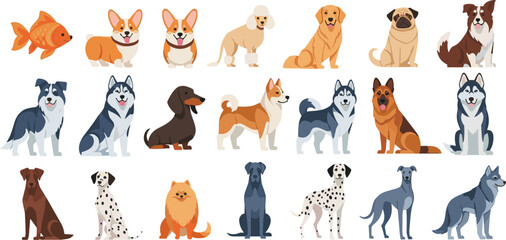 Cute Flat Style Dog Breed Character Set with Corgi, Husky, Labrador, Dalmatian, Pug, and German Shepherd for Pet Themed Designs © Nasrin