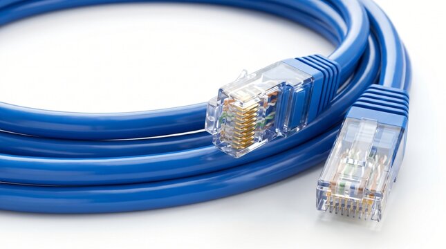 Blue ethernet network cable with rj45 connectors for high speed internet connection isolated on white background